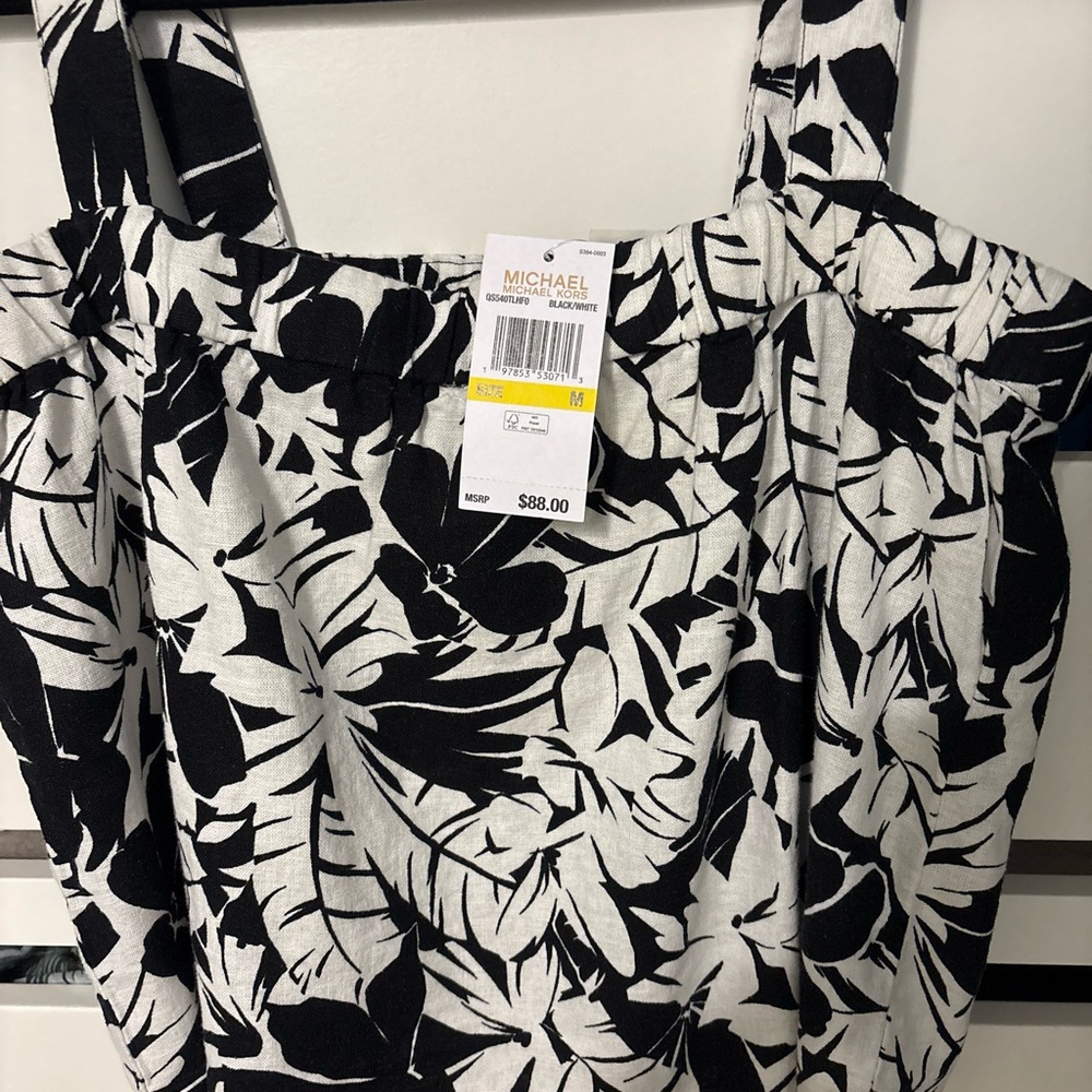 Michael Kors Black and White Leaf Print Tank Top